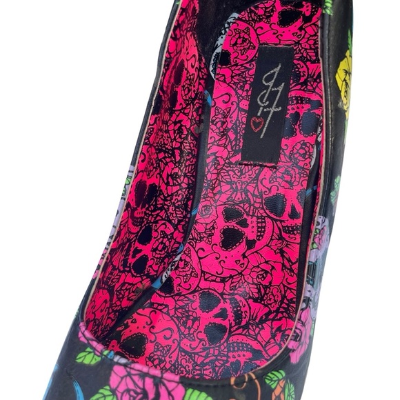 Iron Fist Pin Up Peep-Toe Heels US 6 Goth Witchy Rocker Pink Bow Mexican Skulls - Picture 13 of 16